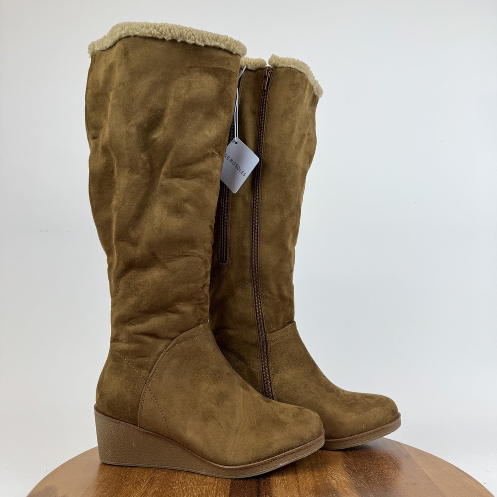 New Womens Aerosoles Binocular Brown Faux Leather Lined Wedge Boots Size 8.5 M